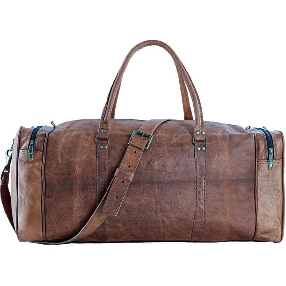 🆕 Men Brown Leather Bag Square Duffel Travel Gym Sports Overnight Weekend Style - Picture 7 of 9